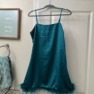 Teal Satin Slip Dress with Feather Trim